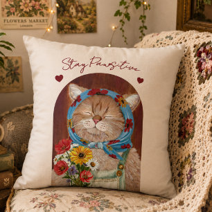 Cute Cottagecore Cat with Flowers Stay Pawsitive Cushion