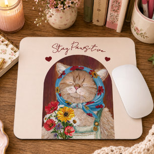 Cute Cottagecore Cat with Flowers Stay Pawsitive Mouse Mat