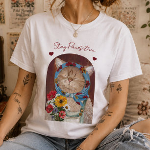 Cute Cottagecore Cat with Flowers Stay Pawsitive T-Shirt