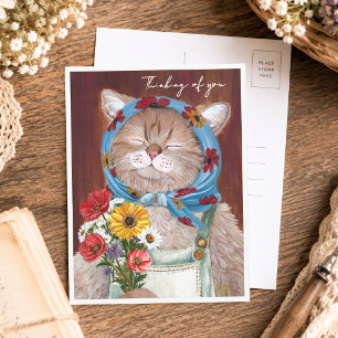 Cute Cottagecore Cat with Flowers Thinking of You Postcard