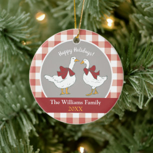 Cute Cottagecore Country Geese Red Grey Ceramic Tree Decoration
