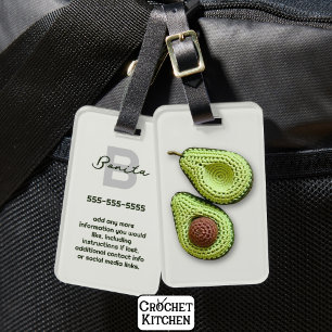 Cute Cottagecore Crochet Avocado Monogram Name Luggage Tag