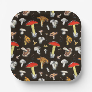 Cute Cottagecore Forest Mushrooms Dark Brown Paper Plate