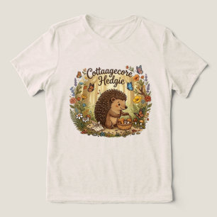 Cute Cottagecore Hedgehog Gathering Mushrooms Tri-Blend Shirt