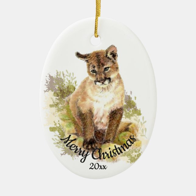 Cute Cougar Mountain Lion Cat Kitten FIERCE QUOTE Ceramic Tree Decoration (Front)