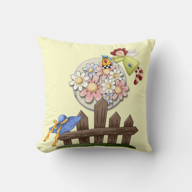 Cute Country Angel Watering Flowers Cushion (Front)