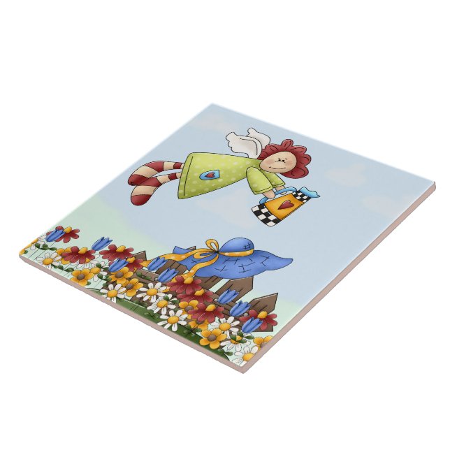 Cute Country Angel Watering Flowers Tile (Side)