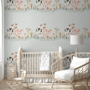 Cute Country Baby Farm Animals on Sage Wallpaper