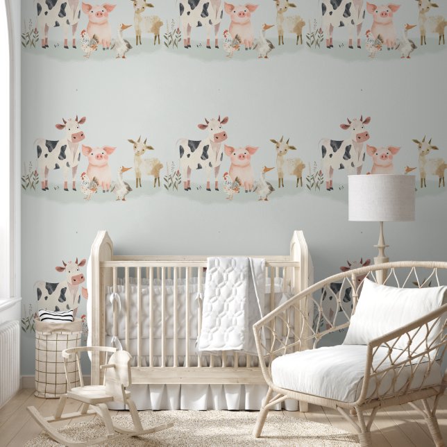 Cute Country Baby Farm Animals on Sage Wallpaper (Kids)