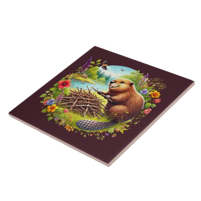 Cute Country beaver crafting home Tile (Side)