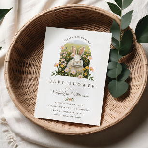 Cute Country Bunny Wildflowers Girl Baby Shower Invitation