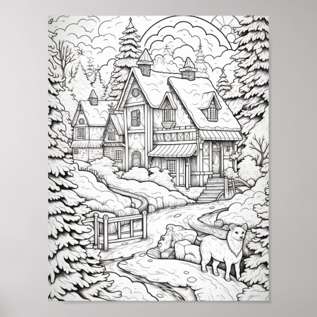 Cute Country Christmas Adult Colouring Poster (Front)