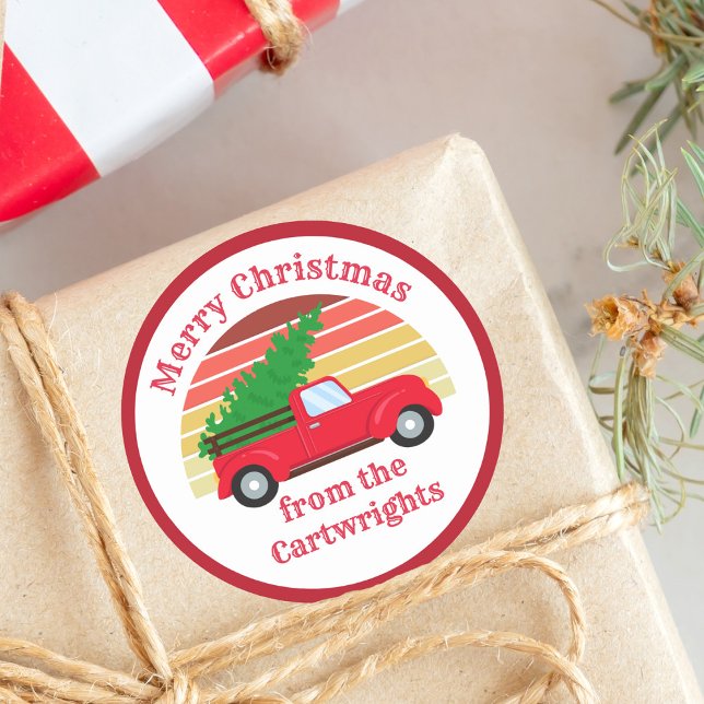 Cute Country Christmas Red Truck Custom Gift Classic Round Sticker (Creator Uploaded)