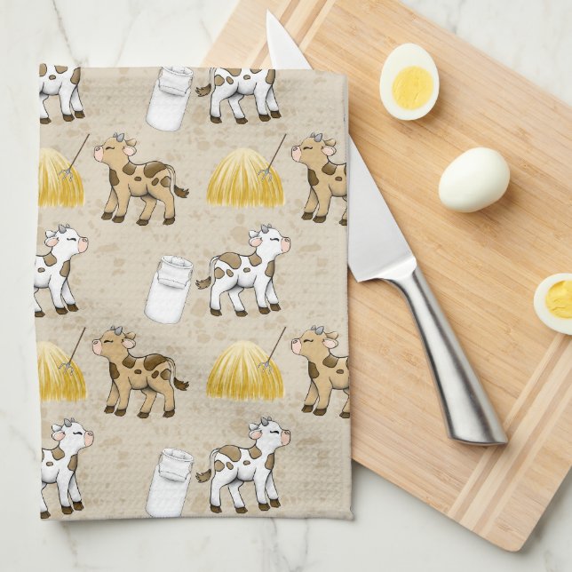 Cute Country farm cows tiled Tea Towel (Quarter Fold)