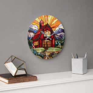 cute Country farm faux stained glass Large Clock