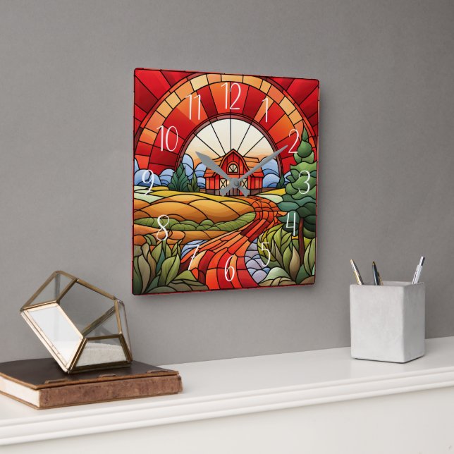 cute Country farm faux stained glass  Square Wall Clock (Office)