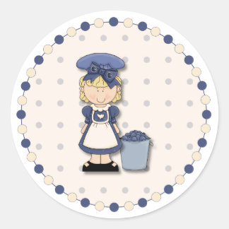 Cute country girl + bucket filled with blueberries classic round sticker