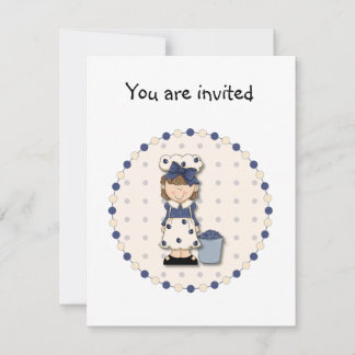 Cute country girl + bucket filled with blueberries invitation