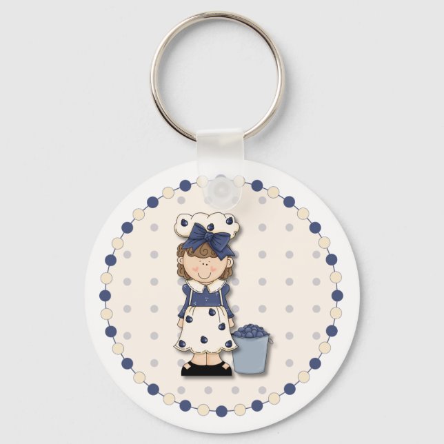 Cute country girl + bucket filled with blueberries key ring (Front)