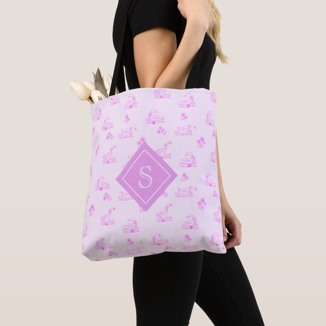 Cute Country Goose Toile Pattern Monogram Tote Bag (Close Up)