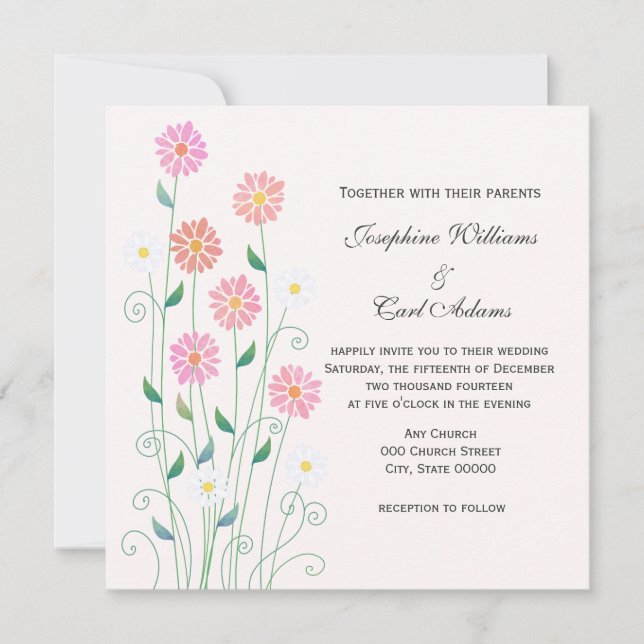 Cute Country Hand Drawn Pink and White Daisies Invitation (Front)