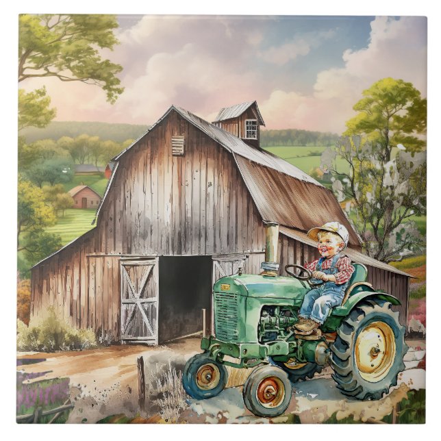cute Country kid tractor Tile (Front)