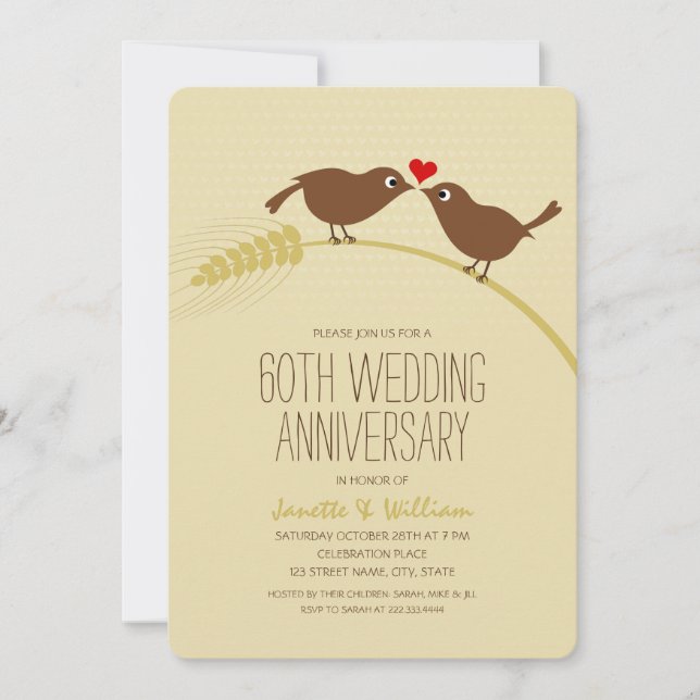 Cute Country Love Birds 60th Wedding Anniversary Invitation (Front)