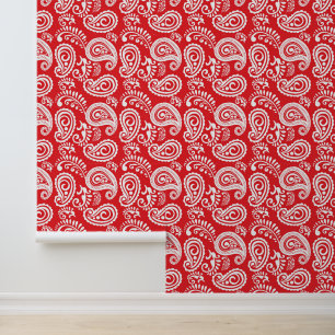 Cute Country Paisley pattern red white tiled Wallpaper