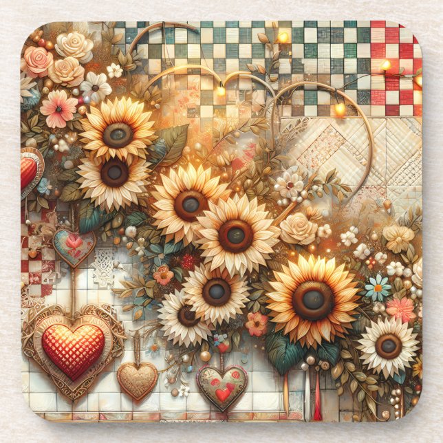 Cute Country Patchwork With Sunflowers Coaster (Front)