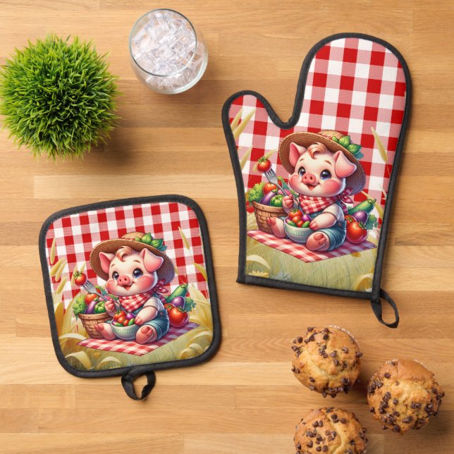 Cute Country pig lovers Oven Mitt & Pot Holder Set (Top Down)