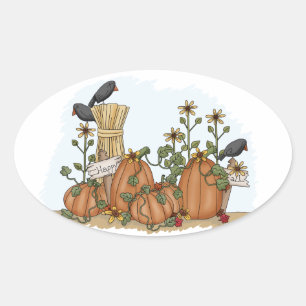 Cute Country Pumpkins and Crows Fall  Illustration Oval Sticker
