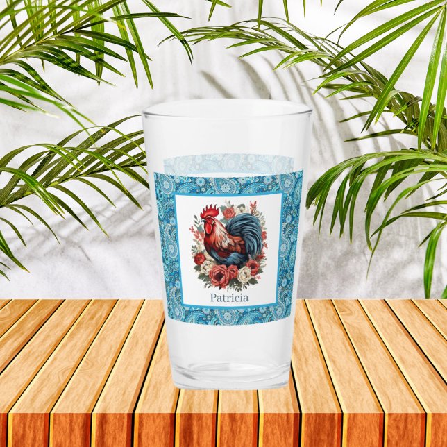 Cute Country rooster add name  Glass (Creator Uploaded)