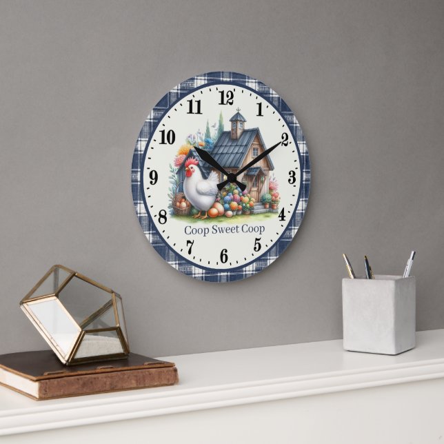Cute Country rooster coop add text  Large Clock (Office)