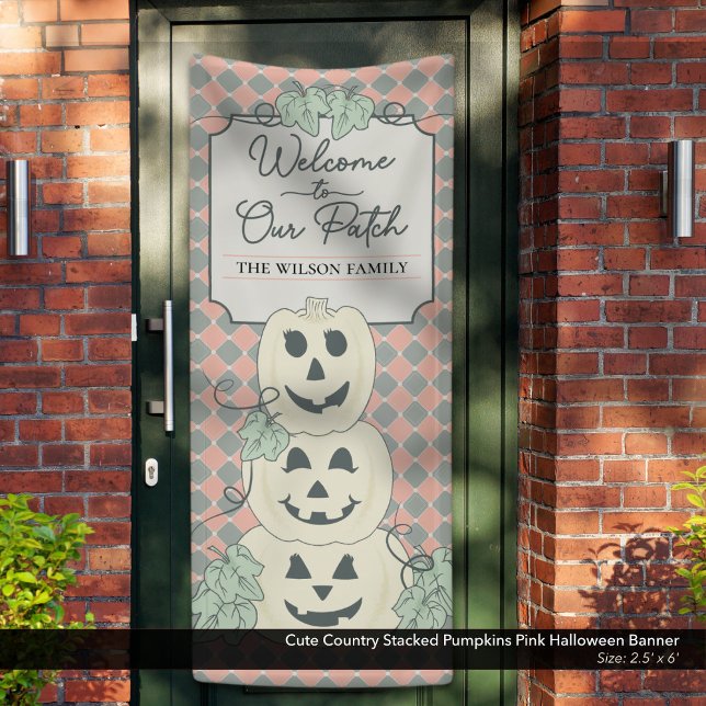 Cute Country Stacked Pumpkins Pink Halloween Banner (Cute Country Stacked Pumpkins Pink Halloween Banner: Size: 2.5' x 6')