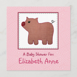 Cute Country Style Pink Plaid Pig Baby Shower Invitation