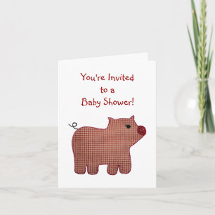 Cute Country Style Pink Plaid Pig Baby Shower Invitation