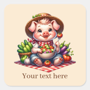 Cute Country vegetable pig add text  Square Sticker