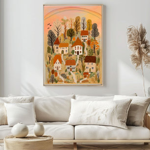 Cute Country Village Autumn Watercolor Art  Poster