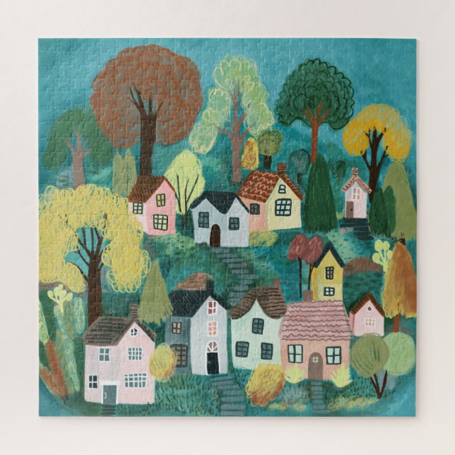 Cute Country Village Illustration Watercolor Art Jigsaw Puzzle (Vertical)
