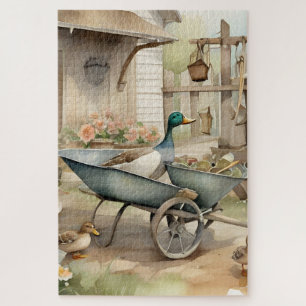 Cute Country Water-colour Duck In A Wheelbarrow Jigsaw Puzzle