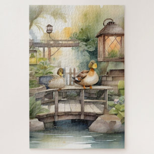 Cute Country Water-colour Ducks On A Bridge Jigsaw Puzzle