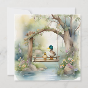 Cute Country Water-colour Ducks On A Swing Holiday Card