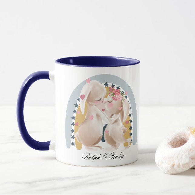 Cute Couple Bunny Rainbow Customised Gift Him Her  Mug (With Donut)