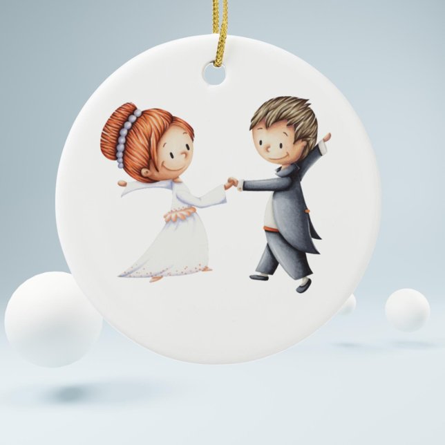 Cute Couple Christmas Wedding Ceramic Tree Decoration (Bride and groom first waltz wedding favor or christmas anniversary keepsake)