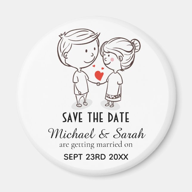 Cute Couple Drawing Save the Date Wedding Magnet (Front)