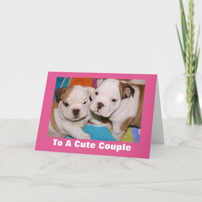 Cute Couple English Bulldog Puppies Valentine Holiday Card (Front)