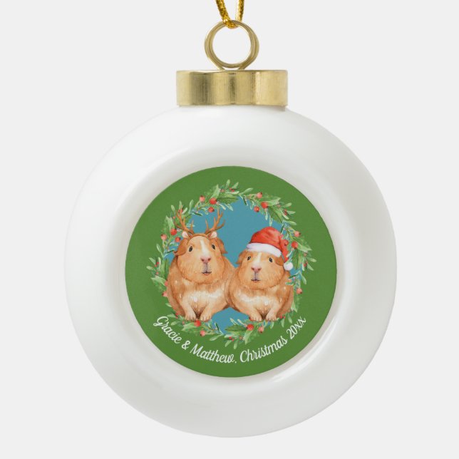 Cute Couple Guinea Pig Christmas Wreath Ceramic Ball Christmas Ornament (Front)
