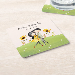 Cute Couple Hugging Square Paper Coaster