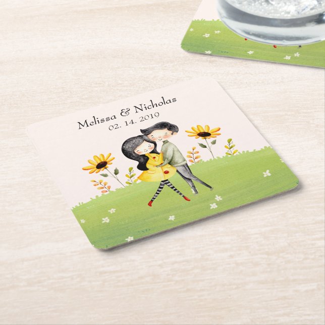 Cute Couple Hugging Square Paper Coaster (Angled)