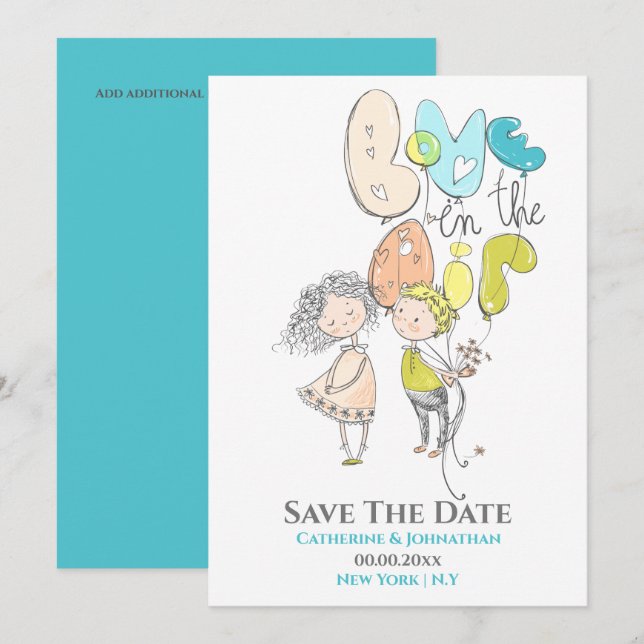 Cute couple illustration love in air aqua orange save the date (Front/Back)